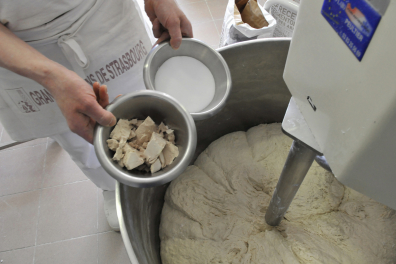 Les ingrédients du pain (levure, sel , farine pétrie en présence d'eau)